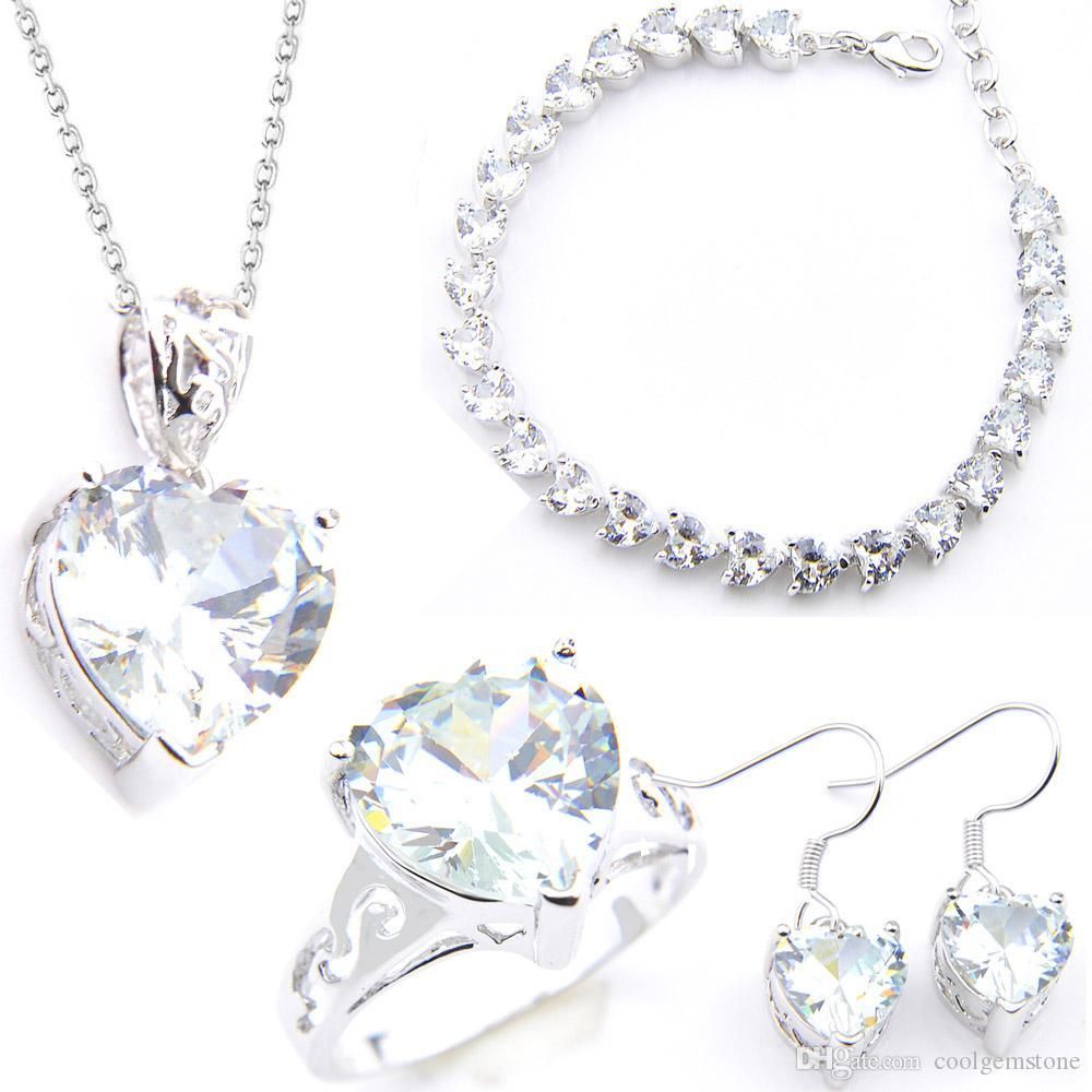 Argent Sterling 925 violet cristal Coeur Bracelet Boucles d/'oreilles Collier Bijoux Sets