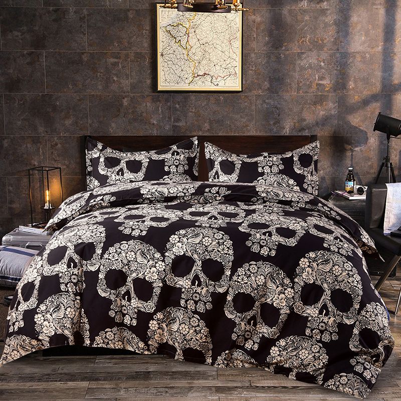 Teschio Copripiumino Matrimoniale 200 x 230 cm con 2 Federe 3D Arte Decorazione Tema Scheletro Colorato Fiori Skull Design Queen Size Langde Biancheria da Letto Set 