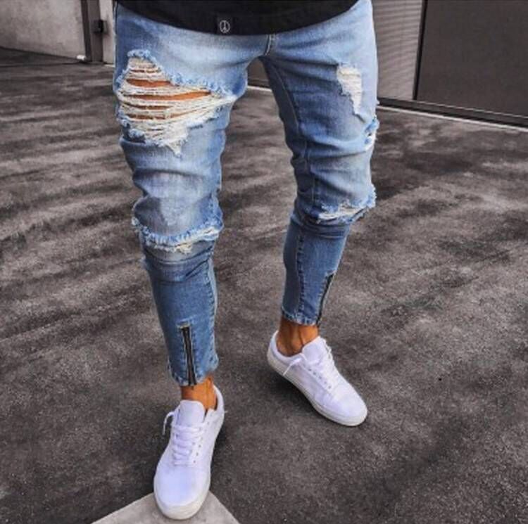 Pantalones vaqueros de los hombres estiramiento destruido apliques diseño moda tobillo Skinny Jeans