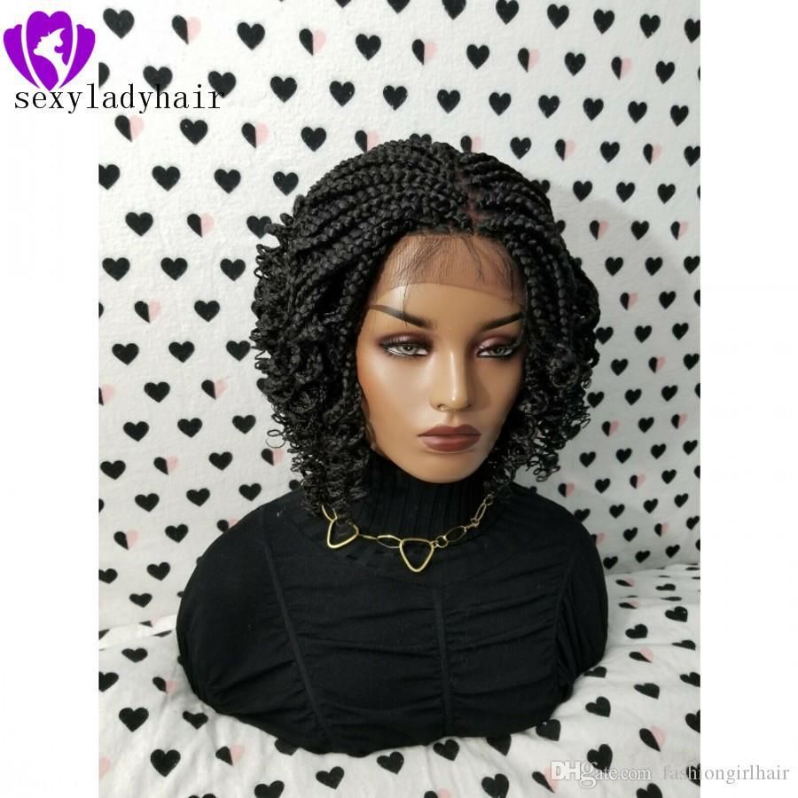 África as mulheres americanas tranças estilo artesanal cheio Box Braid  peruca preta marrom cor ombre curta