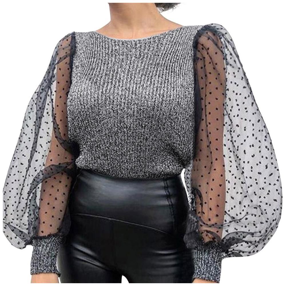 Womens Mesh Puffy Spring And Autumn Ribbed Long Sleeve Knit Shirt Loose ...