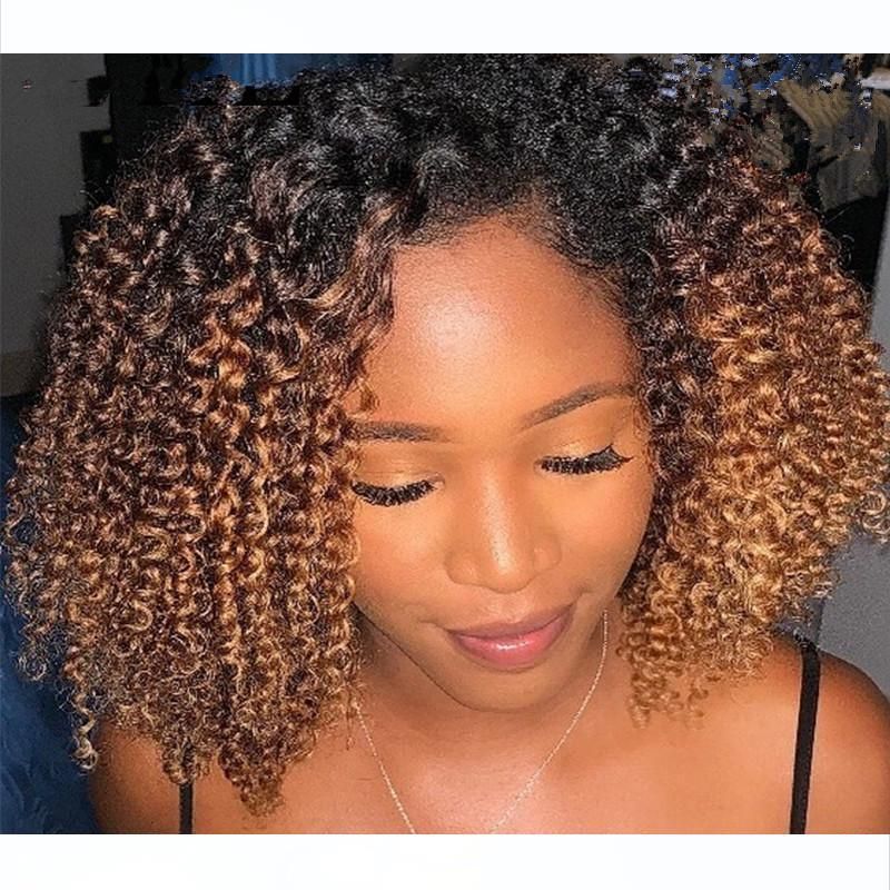 Afro kinky curly ombre brown blonde auburn lace front human hair wigs for black  women natural hair wigs pre plucked 150% density 16inc