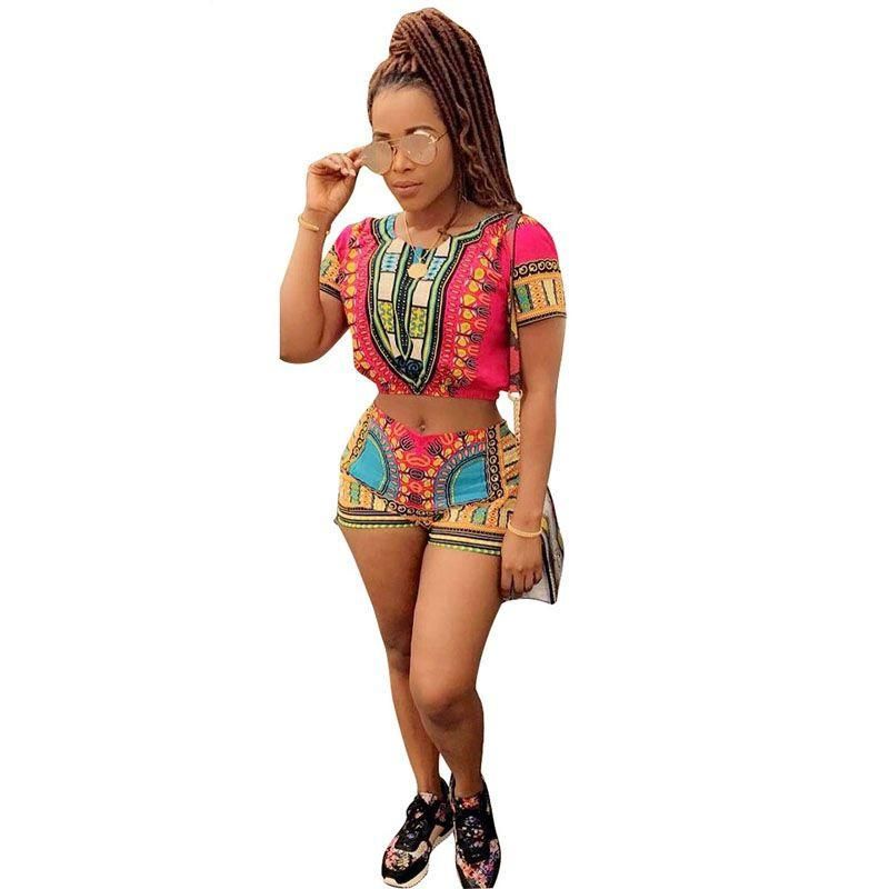 african print shorts and top