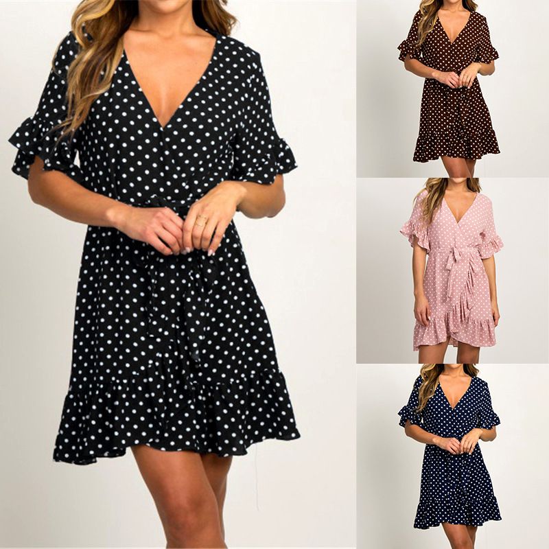 Vestido De Mujer Con Estampado De Lunares Cuello Alto Manga Vestido De Mujer Con Estampado De Lunares Cuello Alto Manga