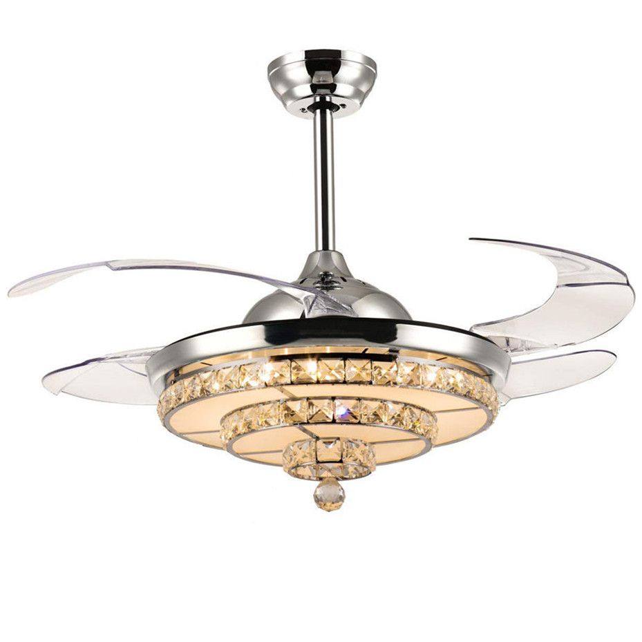 2019 42inch Modern Ceiling Fans Light Crystal Led Chandelier Pendant Fixture Retractable Blades Remote Control For Living Room Dining Room Bedroo From