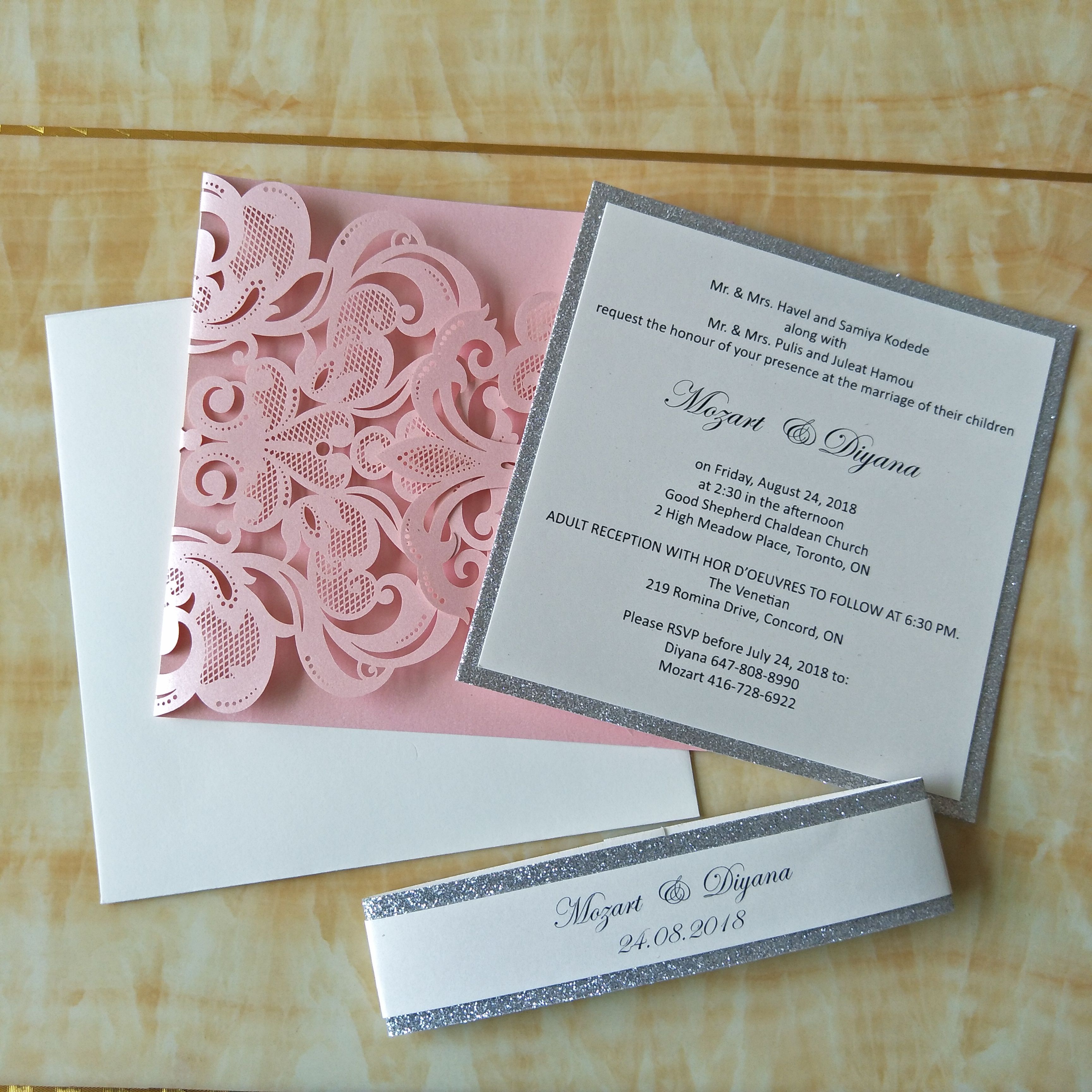 Pink Pearl Laser Cut Silver Button Wedding Invites With Glittery