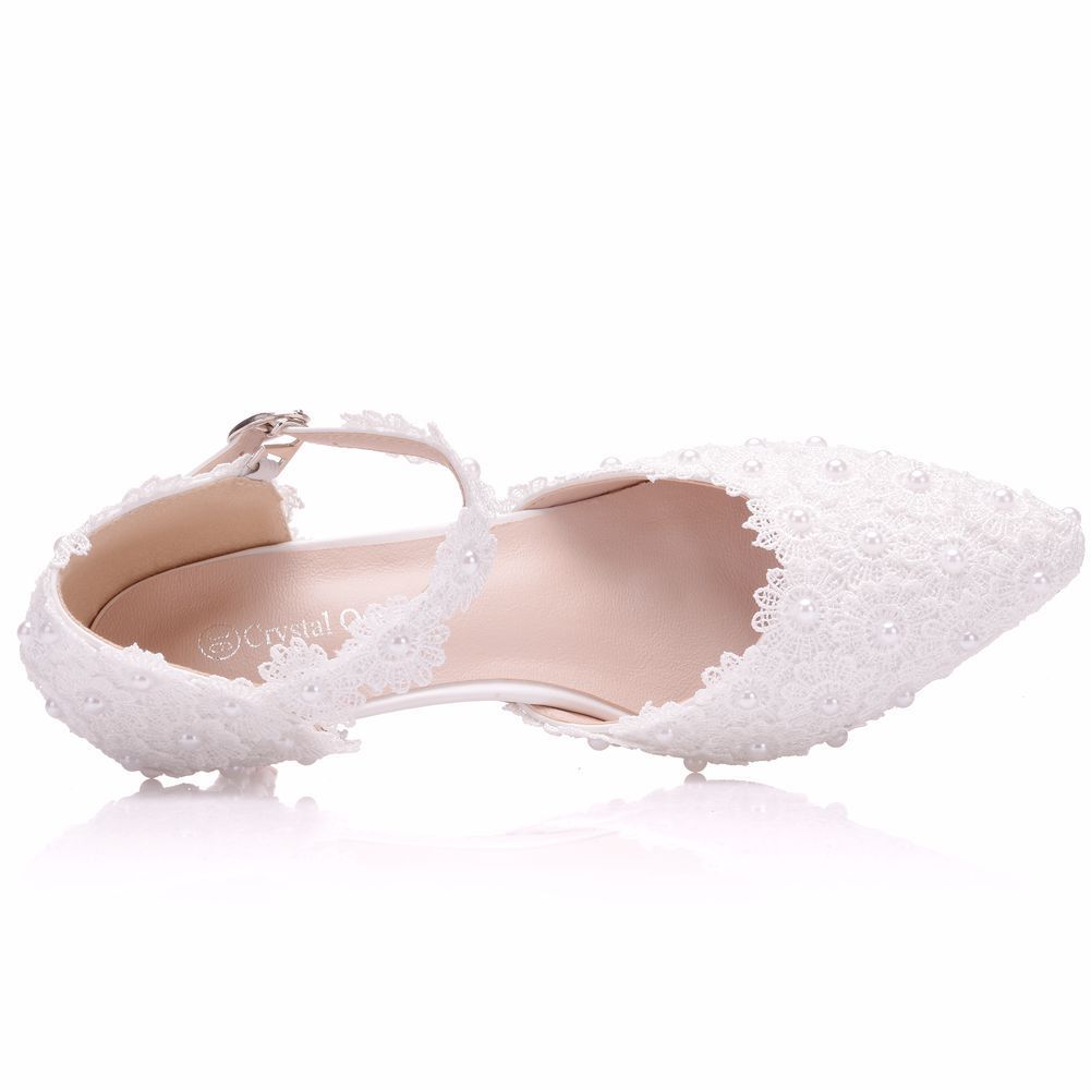 5 cm schoenhak wit / roze kant bloem bruiloft schoenen riem bruid schoenen  en puntige hoofd voor bruids schoenen