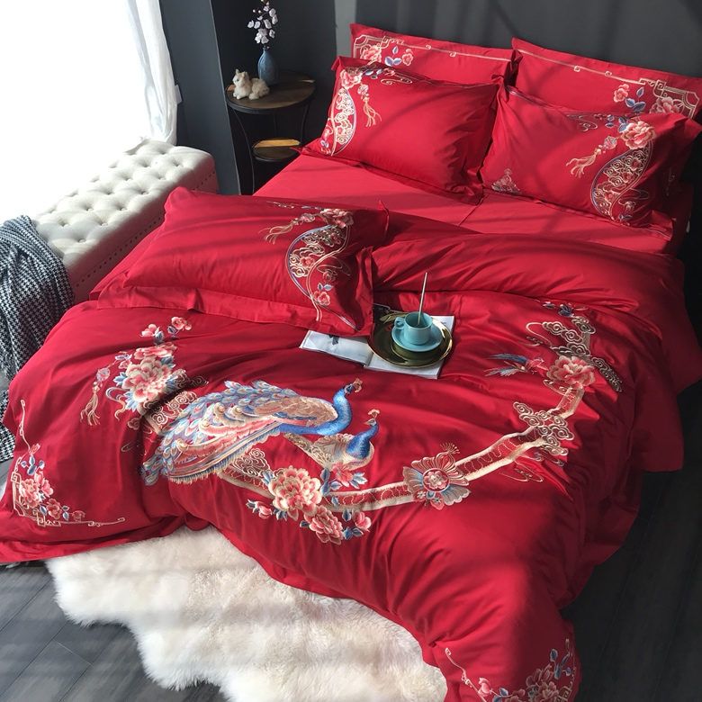 Luxury Peacock Royal Embroidery Egyptian Cotton Bedding Set Duvet