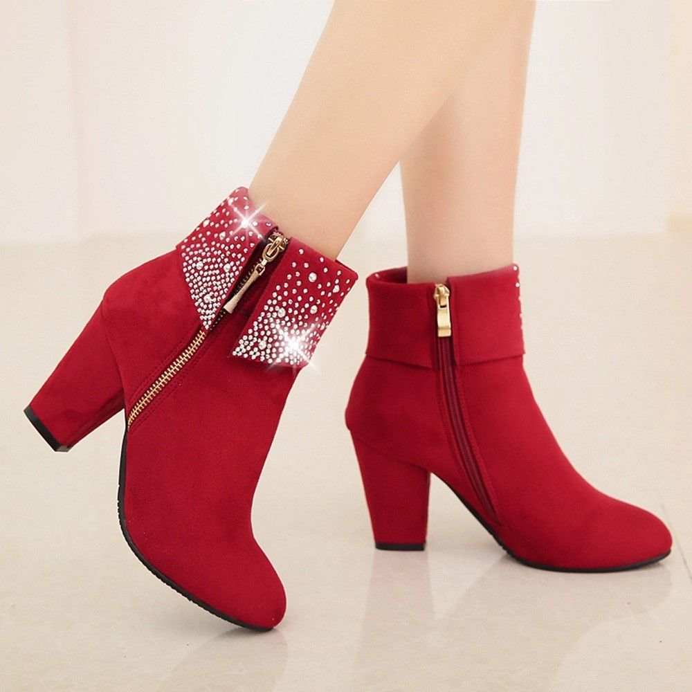 Botas de cristal rojo para mujer 2019 Botines para mujer Heel de invierno para