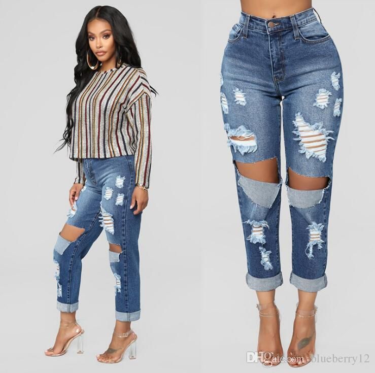 Compra Moda Para Mujer Pantalones Vaqueros Rotos Agujero Atractivo Rayado  Mamá Jeans Piel Ajustados Pantalones De Mezclilla Azul Vogue High Street  Pantalones Lápiz Lápiz Barato | Entrega Rápida Y Calidad | Es.Dhgate