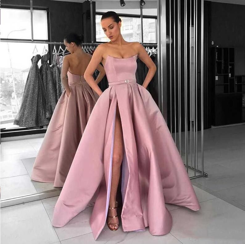strapless prom dress with slit