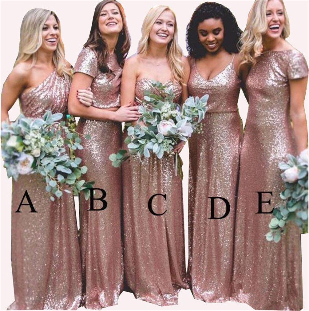 Bling Sparkly Bridesmaid Dresses 2019 Rose Gold Sequins New Cheap Mermaid Two Pieces Prom Gowns Backless Country Beach Party Dresses Bridesmaid