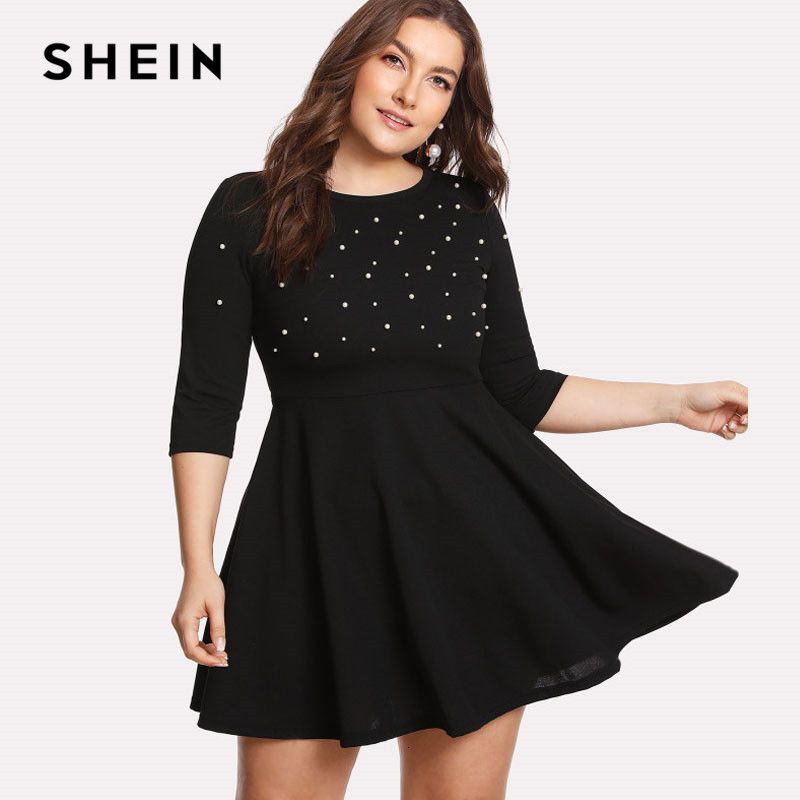 Compra SheIn Negro Cuello Redondo Vestido De Primavera Tallas Grandes Mujer  Pearl Beading Fit Blare Tamaños Grandes Casual Manga Larga Elegante Vestido  LY191116 Barato | Entrega Rápida Y Calidad | Es.Dhgate
