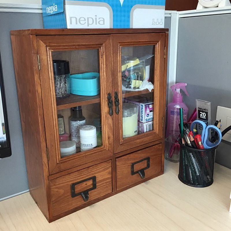 Desktop Storage Cabinet Drawer Glass Door Small Wooden Medicine