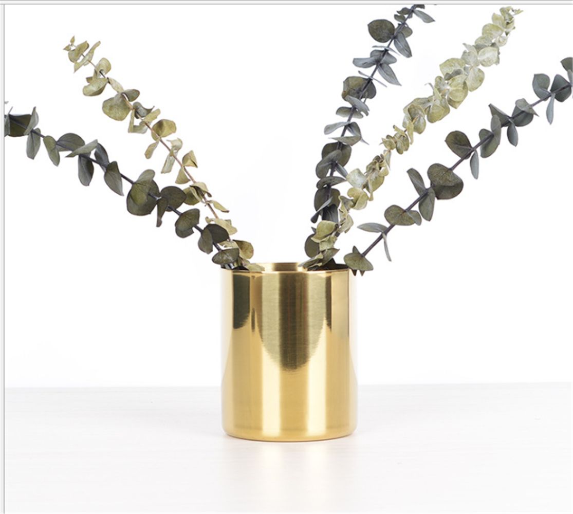 Nordic Golden Vase,Round Stainless Steel Pen Pencil Collection Holder Sorter Desk Organizer,Gold Flower Arranger,Metal Crafts Ornaments