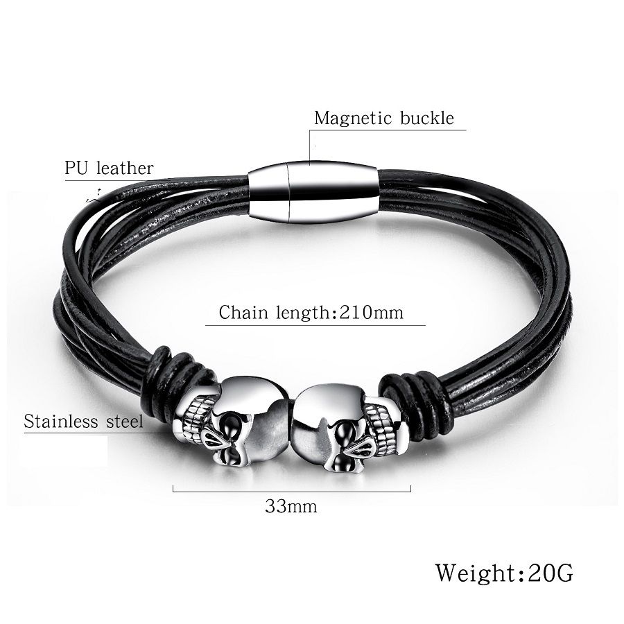 Mens Bracelet wristband Surfer stainless steel magnetic skull charms Leather 