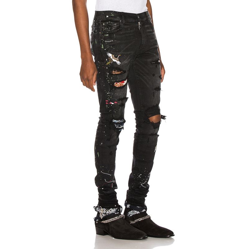 Mens Black Bird Embroidered Painted 