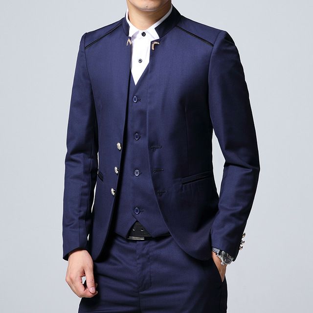 Jacket Fit Formal Business Blazer Mens Casual Slim Top  Stand Collar Zip Up Coat