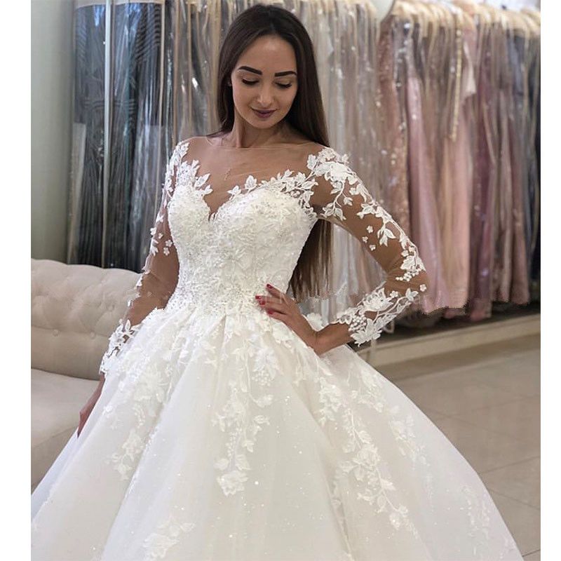 Compre 2021 Hermosa Princesa Vestido De Bola Vestidos De Novia Aplique De  Encaje Mangas Largas Vestido De Novia Blanco Talla Grande Vestidos De NOIVA  A 119,06 € Del Mask_016 | Es.Dhgate.Com