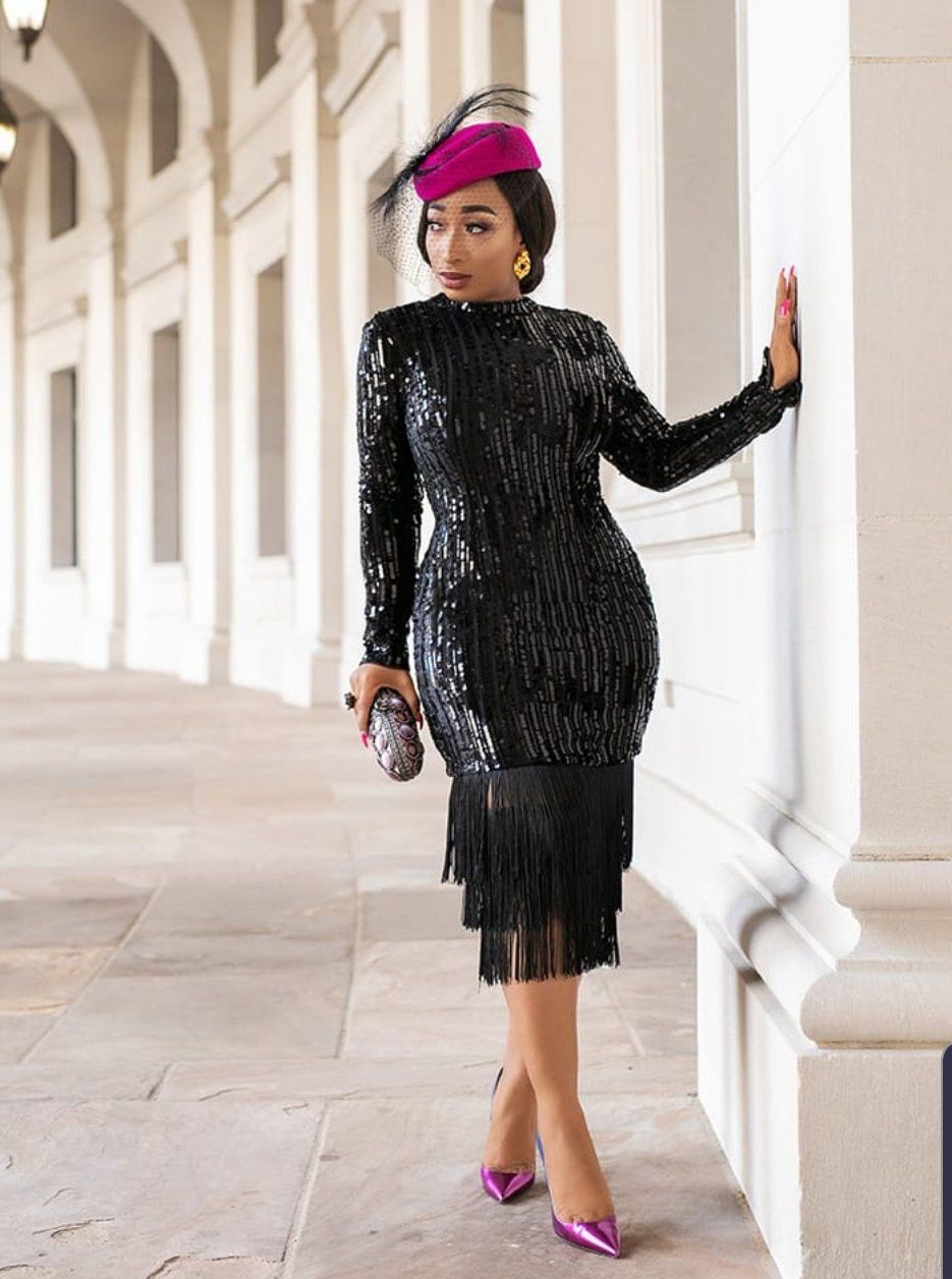 Sequin Dress Tassel Long Sleeve O Neck 