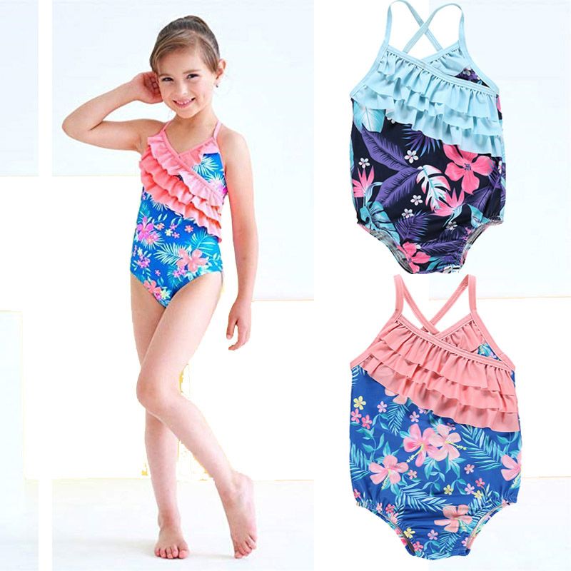 Little Girls One-piece Ruffle Flower Print Backless Monokini Swimsuit 