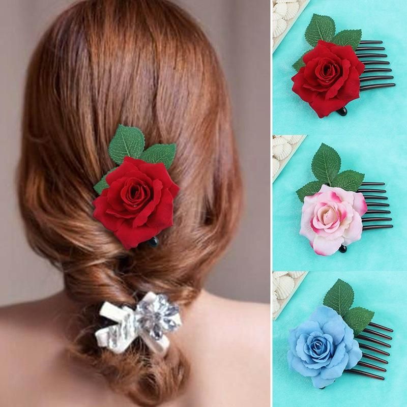 2020 Romantic Fancy Silk Artificial Rose Flower Hair Comb Purple