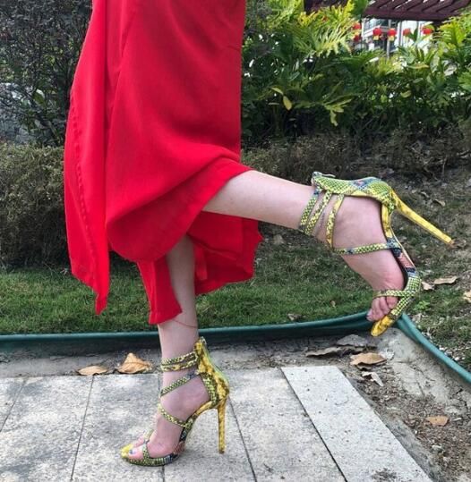 Snakeskin Lady Summer Sandal Shoe Cross Tied Ankle Strappy Thin