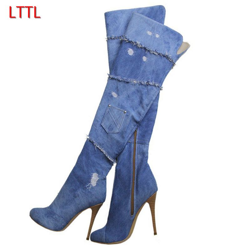 blue jeans thigh high boots