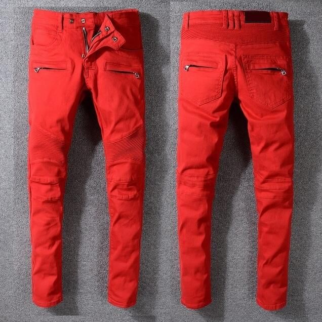 ajustado de los hombres color rojo Jeans Nuevos Fold flaco para hombre del