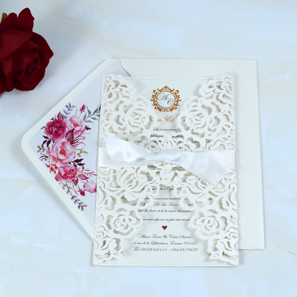 Cream Rose Laser Cut Wedding Invitation With Bow And Print Flower