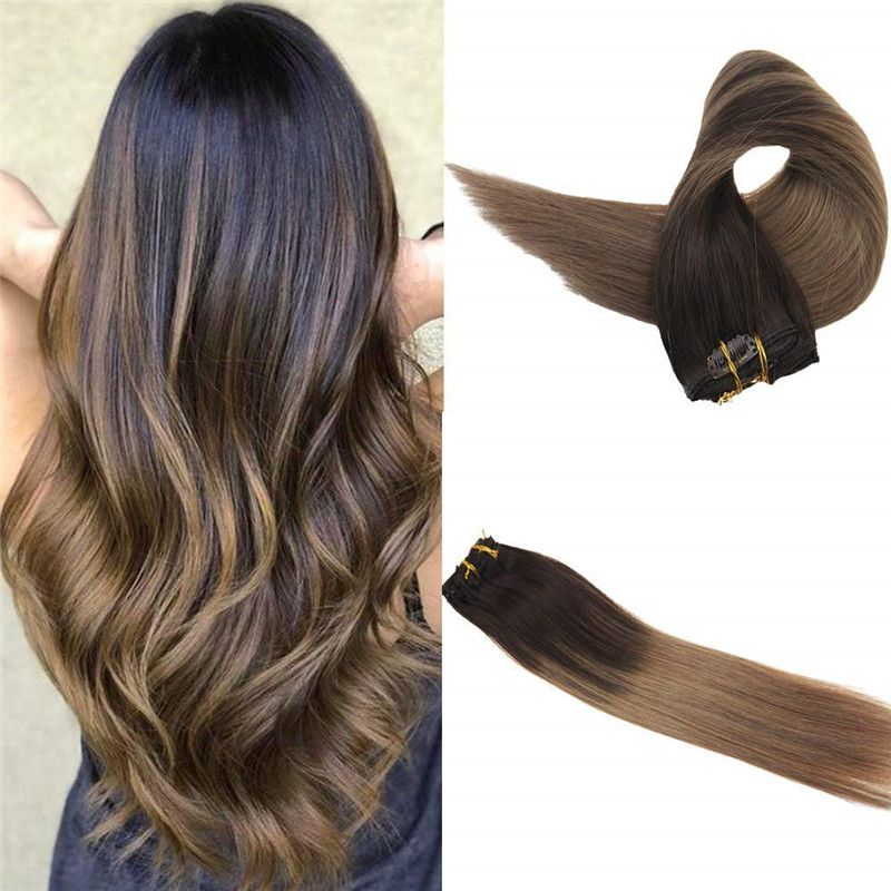 Grosshandel Clip In Haarverlangerungen Farbe Darker Brown Fading Zu Hellbraun Ombre Extensions Von Remy Human Hair Clip In Extensions Real Hai Von