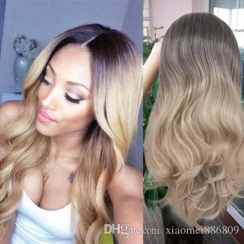 New Women Dark Root Blonde Long Wavy Curly Hair Wig Synthetic Full