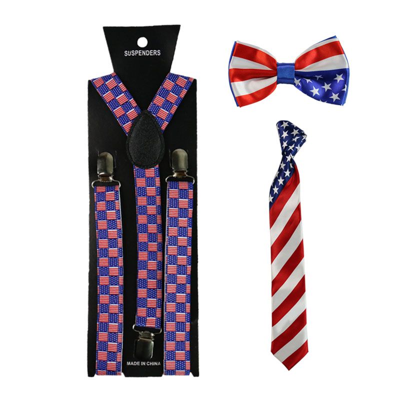 Ship from US Kids Boys Girls Flag Clip-on Suspender and Bow Tie Sets