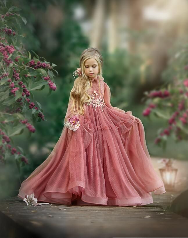 Compre Vestidos De Palo De Rosa Vestidos De Flores Niña Para Las Bodas De  Manga Larga De Cuello Alto Cordón De Las Perlas Niñas Desfile Vestido De  Longitud De La Fiesta De