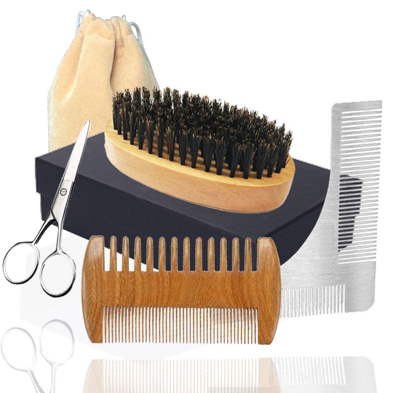 New 6in1 Boar Bristle Beard Brush, Dual Action Wood Comb, Scissor