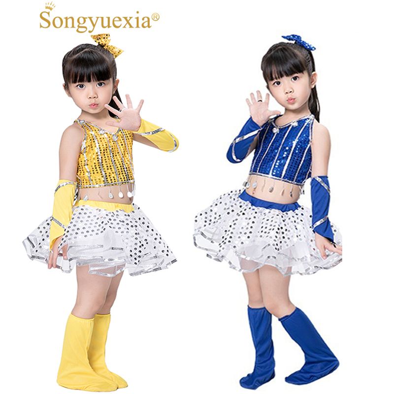2019 Modern Jazz Dance Costume Girl Sexy Sequin Top Salsa Skirts Hip Hop Dance Costumes Kids Cheerleader Costume Girl Wear From Firstcloth, $27.44