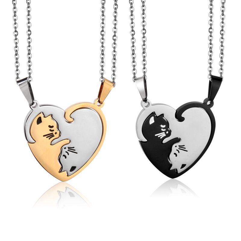 Collares colgantes gato corazón parejas para mujer acero inoxidable de la moda un par de cadenas Collares colgantes gato corazón parejas para mujer acero inoxidable de la moda un par de cadenas