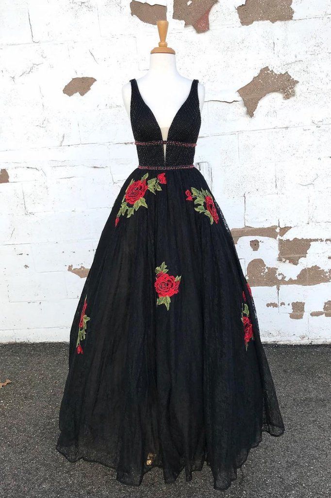 Compra Elegantes Flores De Rosa Adornadas Una Línea Vestidos De Fiesta  Negros Vestidos De Noche Cuello En V Profundo Con Cuentas Lentejuelas Vestido  De Fiesta Formal Organza Barato | Entrega Rápida Y