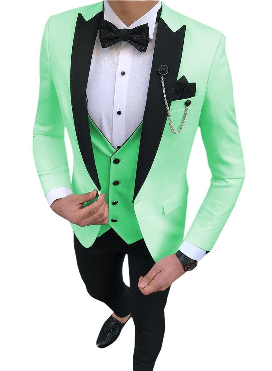 Fashion Green Groom Tuxedos Black Peak Lapel Slim Fit Groomsman Wedding