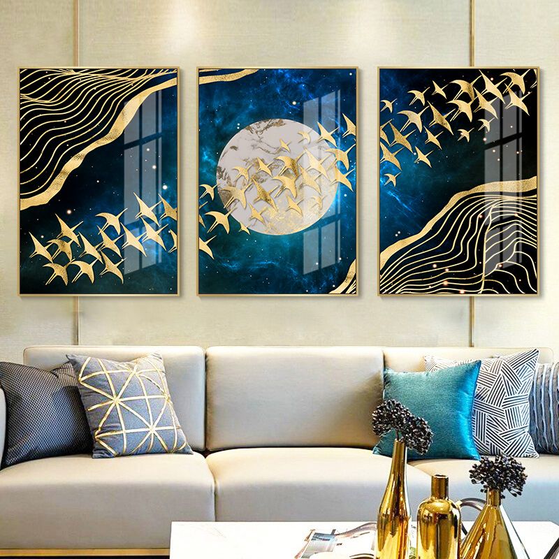 2020 Abstract Moon Wall Art Canvas Painting Golden Mountain Birds
