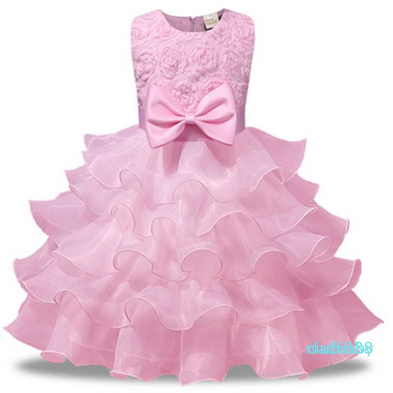 Boda Bautizo princesa sku424 Vestido de verano niñas flor arco rosado fiesta