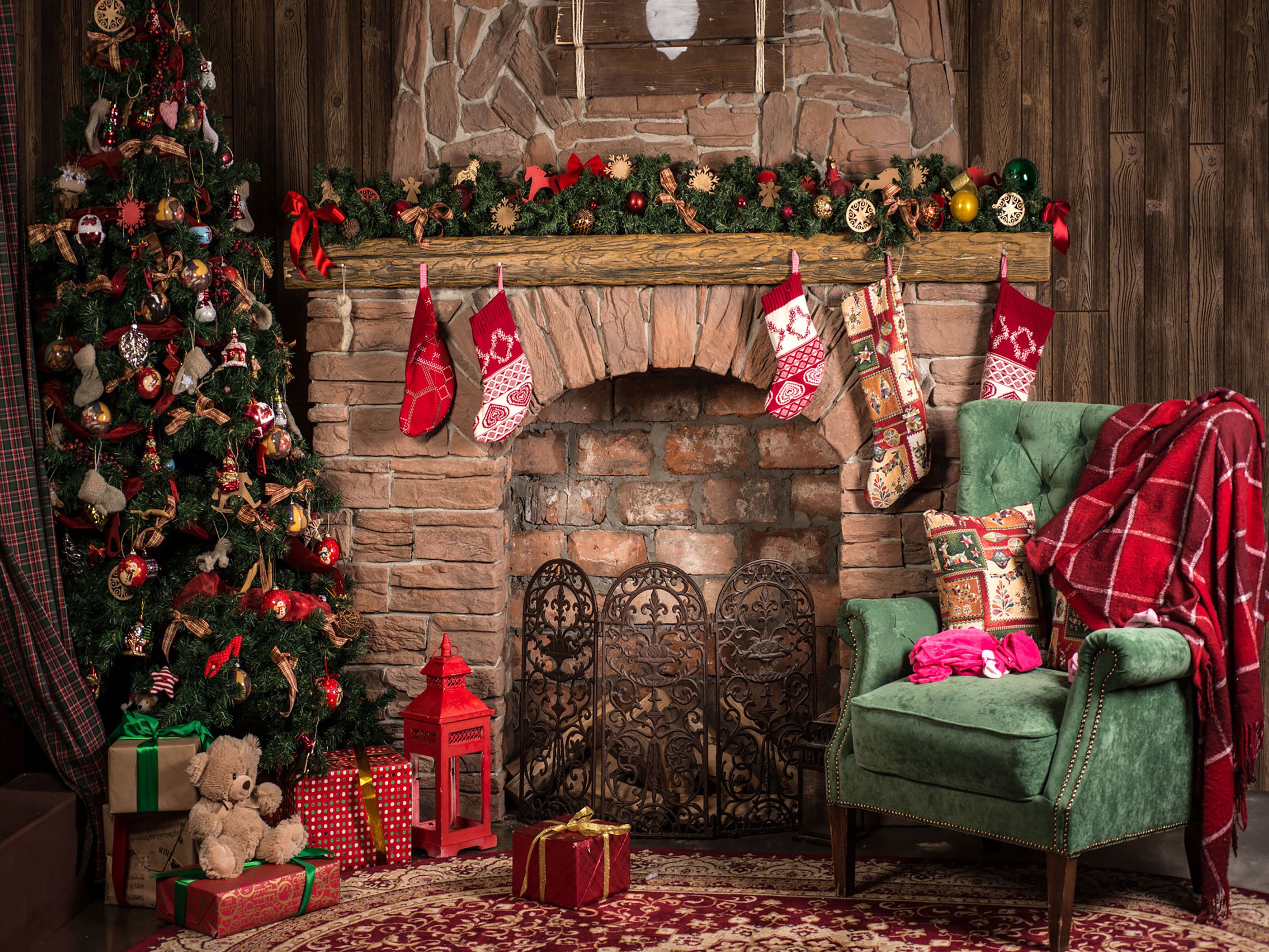 2020 Indoor Christmas Brick Wall Fireplace Vinyl Photography