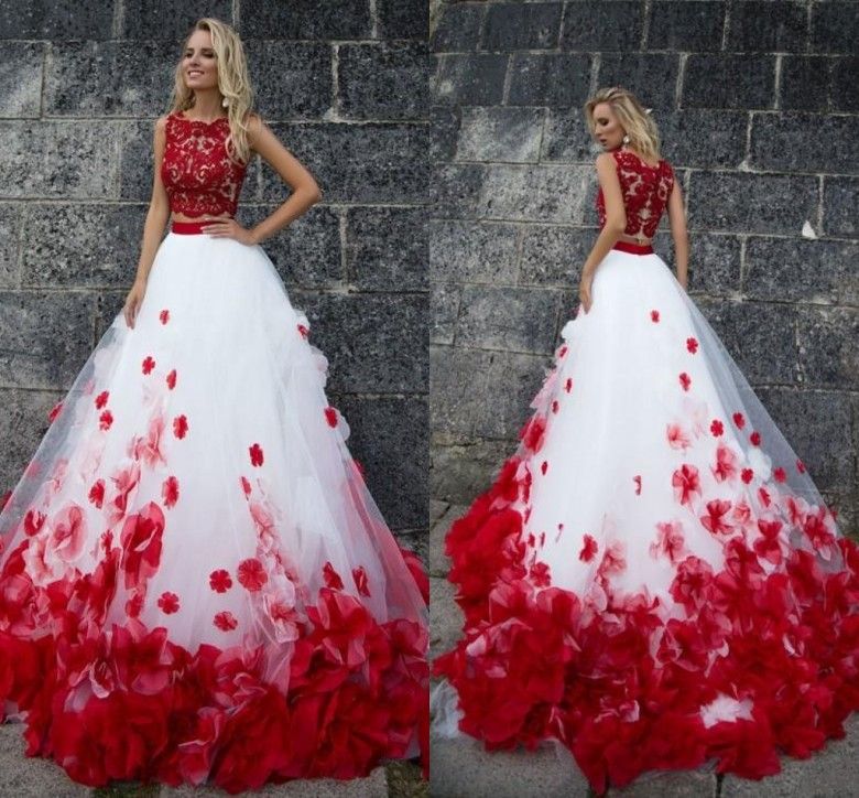 New Red And White Two Pieces Prom Dresses Cheap Jewel Neck Lace