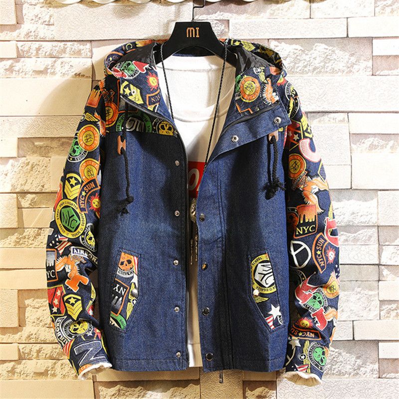 Mens Denim Jacket Hooded Casual Slim 