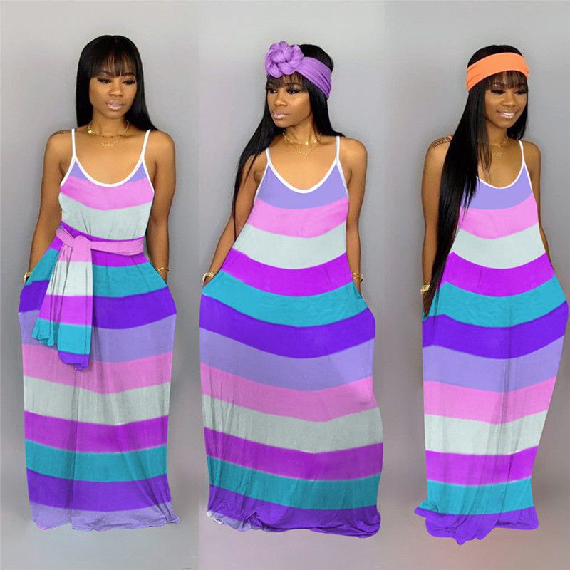 Summer Women Striped Dresses Rainbow 