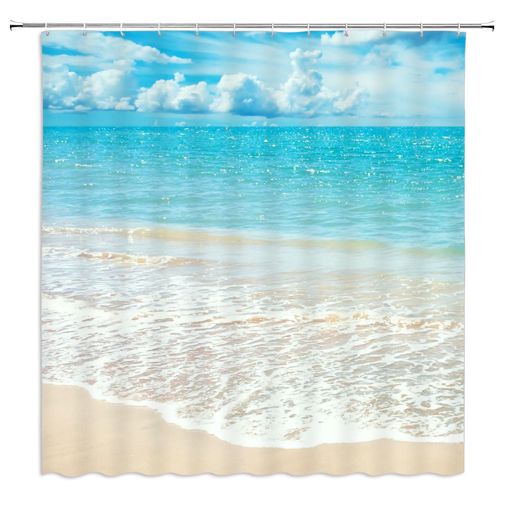 2021 Ocean Shower Curtain Beach Scenery Sea Water Blue Sky Bathroom