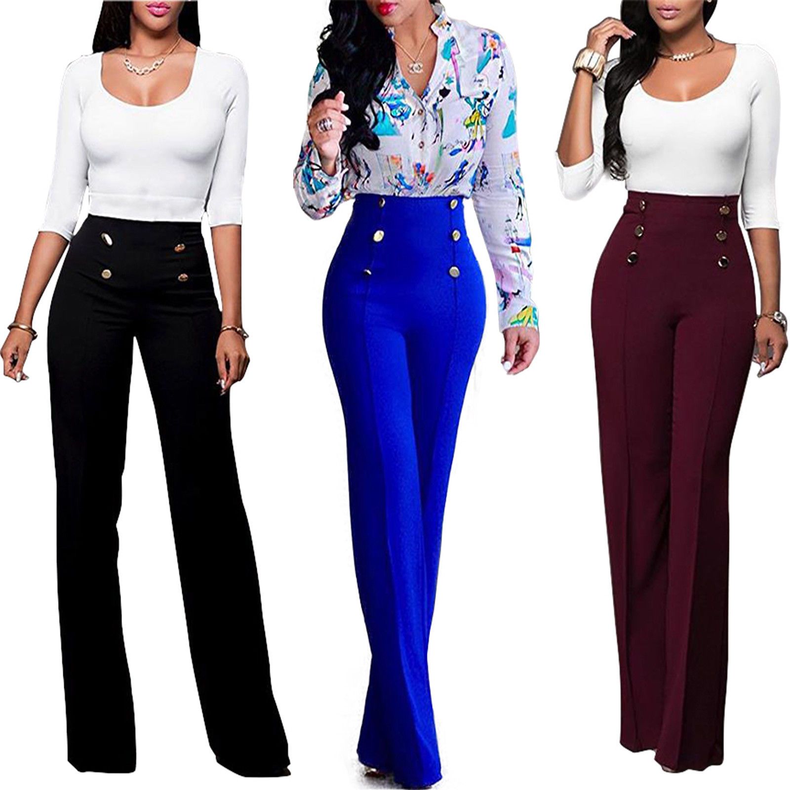 Compra Mujeres Palazzo Cintura Alta Acampanada Pierna Ancha OL Work Lady  Button Pantalones Largos Pantalones Barato | Entrega Rápida Y Calidad |  Es.Dhgate