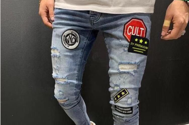 Compra Vaqueros Para Hombre Del Diseñador De Los Pantalones Vaqueros Del  Agujero Parches Masculino Con Paneles Estiramiento Flaco Pantalones Del  Lápiz Moda Hombre Estilo De La Calle Barato | Entrega Rápida Y