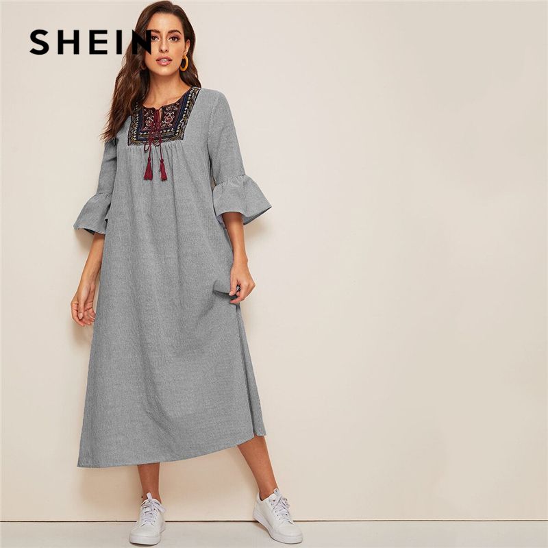 Compre Vestidos Informales SheIn Boho Multicolor Shirred Cuff Impresión  Mixta Ajuste Y Flare Vestido Largo Vestido Largo Mujer Profundo V Cuello  Saco Manga Una Línea Sexy Dres A 25,35 € Del Denguele 