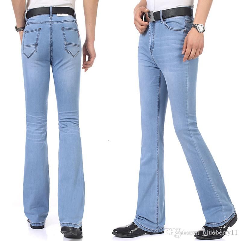 Fashion Spring Casual Mens Bell Bottom Jeans Business Blue Mid Waist Slim Fit Boot Cut Semi Flared Flare Leg Denim Pants Plus Size 26 35 From Armanice 27 14 Dhgate Com